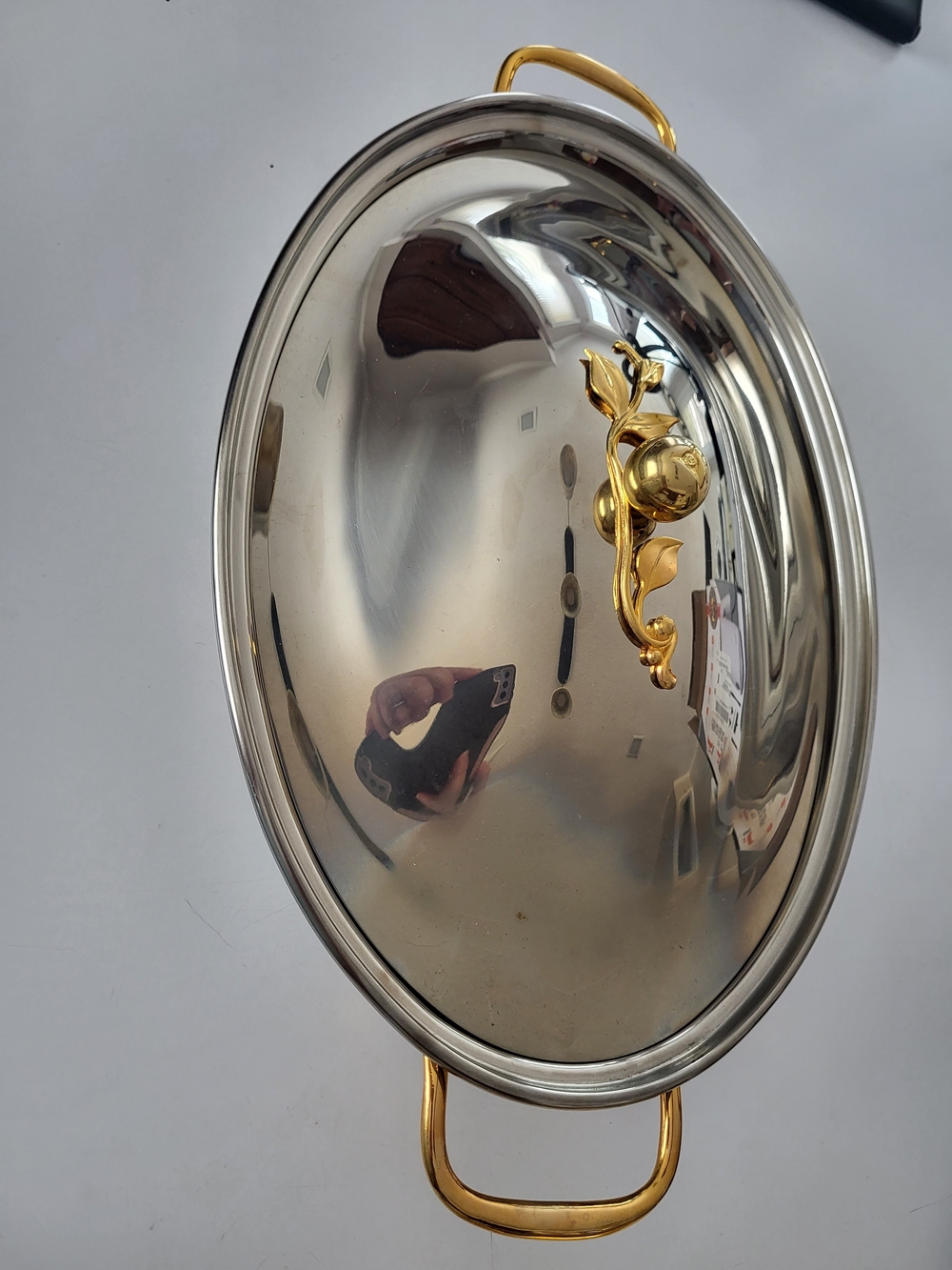 Oneida 18/8 Stainless Steel Oval Covered Serving Dish with Gold-Tone Accents
